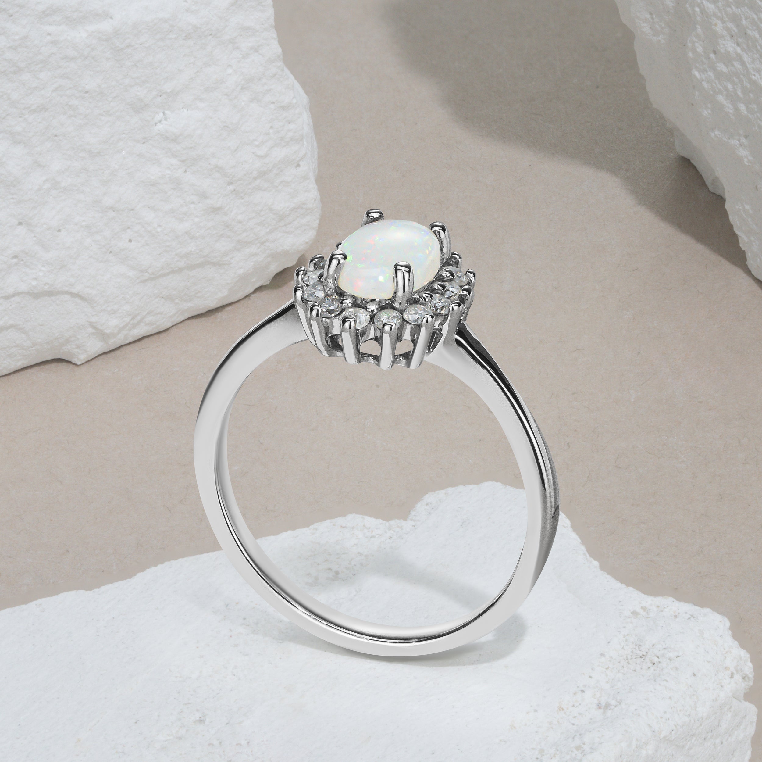 Opal 7 x 5mm And Diamond 925 Sterling Silver Ring